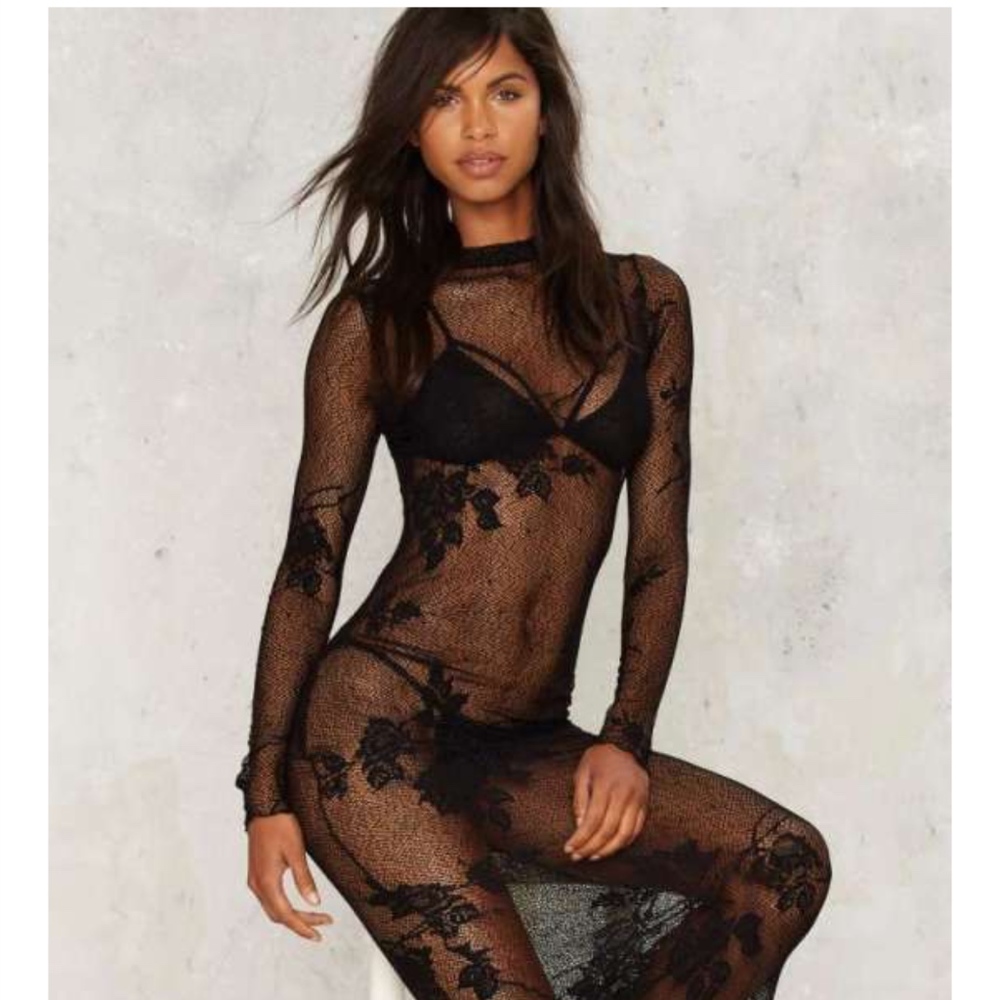 Nasty Gal Black Floral Embroidered Dress (Mesh)